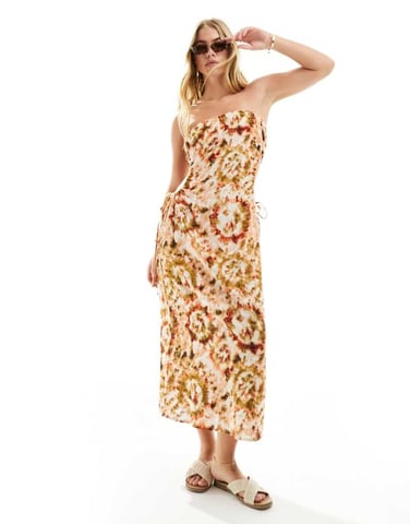 ASOS DESIGN linen bandeau midi sundress with ruched cut out detail in pink tie dye