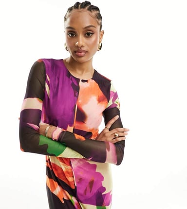 Vero Moda Tall long sleeved lettuce edge mesh dress in abstract print
