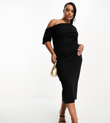 ASOS DESIGN Curve pleated shoulder pencil midi dress in black