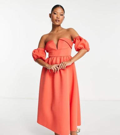 ASOS DESIGN Petite off shoulder ruffle midi prom dress in deep coral