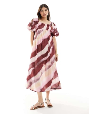 ASOS DESIGN voile midi smock with puff gathered sleeves in tie dye print