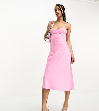 Only Petite satin slip midi dress in pink