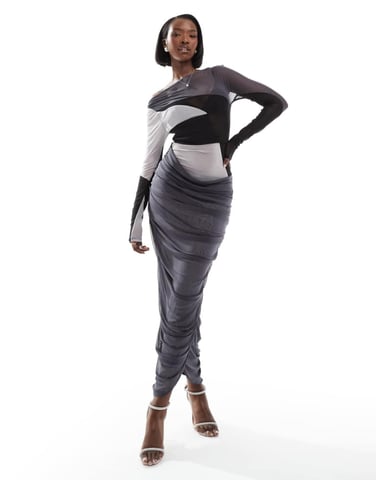 ASOS DESIGN – Off shoulder-klänning i mesh med rynkade detaljer i ton-i-ton färgblock