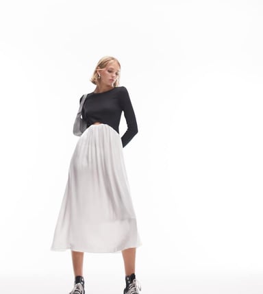 Topshop Petite jersey and satin mix midi dress in black and ivory