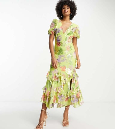 ASOS DESIGN Tall – Grön, metalliskt rosmönstrad midiklänning med volang och volangkant