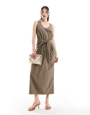 ASOS DESIGN scoop neck tie front midi dress in khaki