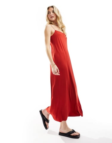 ASOS DESIGN square neck midaxi dress cami with spaghetti strap in chilli red - RED