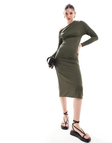 ASOS DESIGN long sleeve drape detail midi dress in khaki
