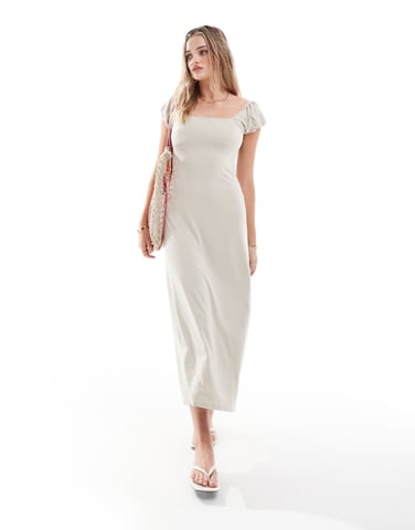 ASOS DESIGN puff sleeve square neck midi dress in stone
