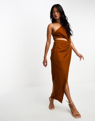 ASOS DESIGN velvet knot detail midaxi dress with cut out detail in gold