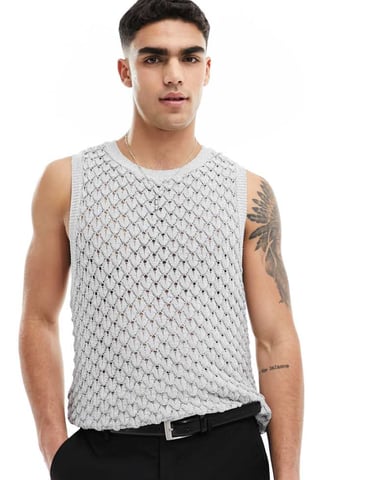 ASOS DESIGN 3D stitch knitted vest in silver mesh