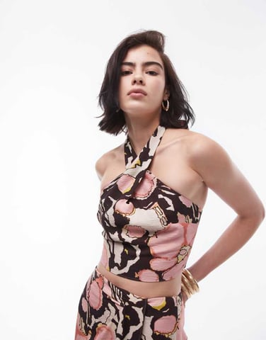 Topshop – Twist-topp med blommönster och halterneck, del av set