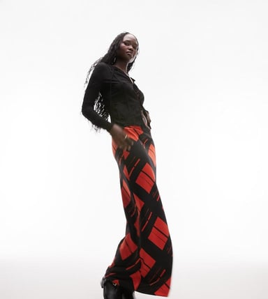Topshop Tall satin bias skirt printed check in rust