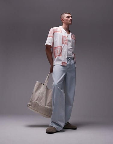 Topman short sleeve revere printed shirt in white
