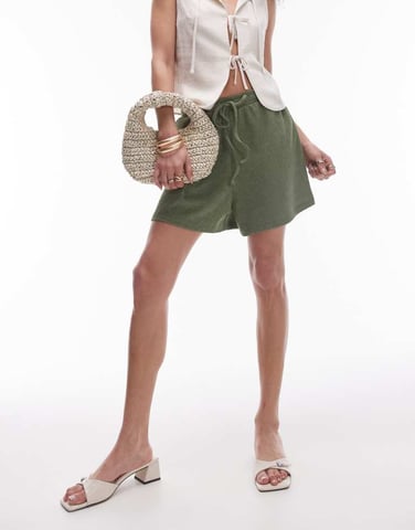 Topshpo casual crinkle drawstring shorts in khaki