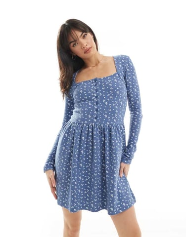 ASOS DESIGN square neck long sleeve skater him mini dress skirt in ditsy print