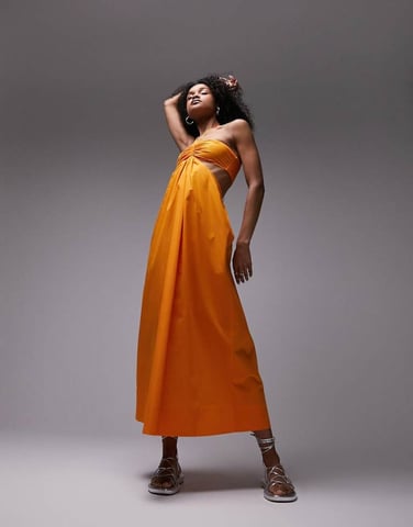 Topshop poplin halter neck midi dress in orange