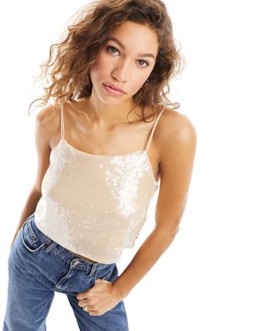 Calvin Klein Jeans – Krämfärgad paljettmönstrad linnetopp