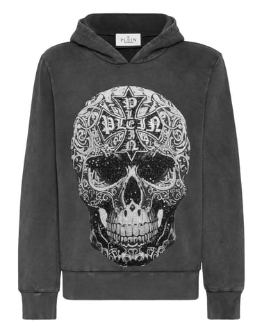 Tvättad Hoodie med Barock Dödskalle