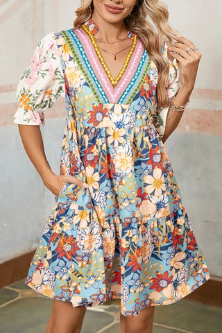 Floral Print Mini-Jurk met Gelaagd Zoom