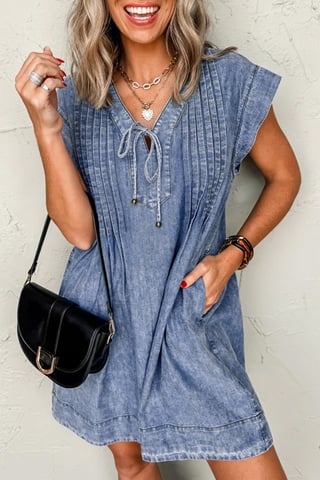 Denim Jurk Casual Tieneck Mini