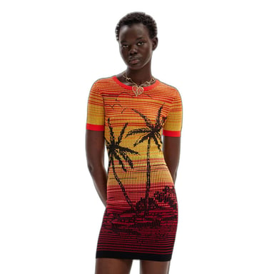 Palm Tree Print Mini Dress Sunset Knit Dress