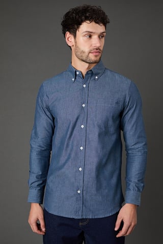 Dark Blue Textured Chambray Long Sleeve Shirt