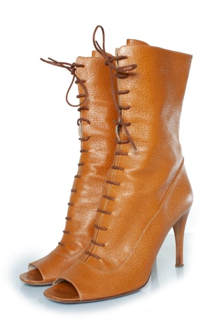 Prada brown leather lace up peep toe boots