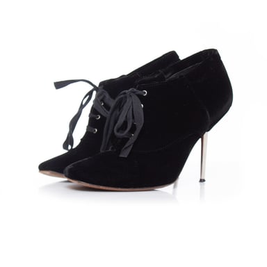 Lanvin velvet ankle boots with metal heel.
