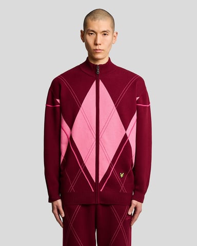 Lyle & Scott Argyle Knitted Track Jacket - Burgundy