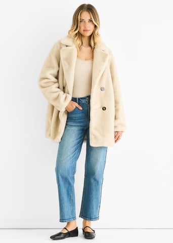 Beige Faux Fur Double Breasted Longline Jacket