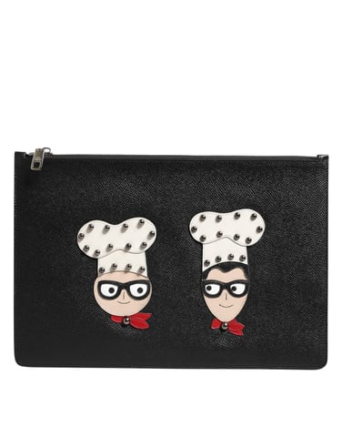 Black Leather #DGFAMILY Embellished Men Clutch Pouch Bag