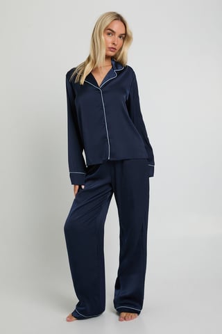 Satin Piping Detail Long Sleeve Shirt & Trousers Pyjama Set