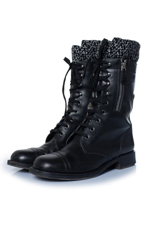 Chanel Black leather cc tweed sock combat boots