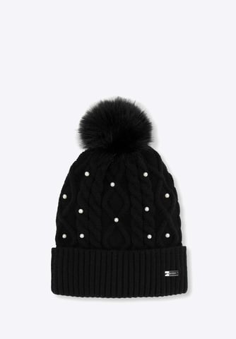 Wittchen Women's hat with pompom and pearls black viscose