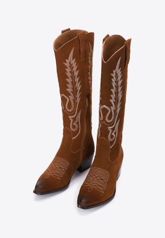Wittchen Women's Suede Cowboy Boots with Embroidery High Brown Suede Leather