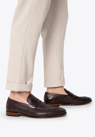 Wittchen Men's Leather Moccasins with Herringbone Pattern Dark Brown