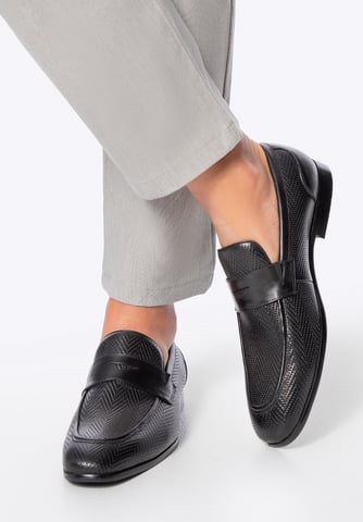 Wittchen Men's Leather Moccasins with Herringbone Pattern Black Black Genuine Le