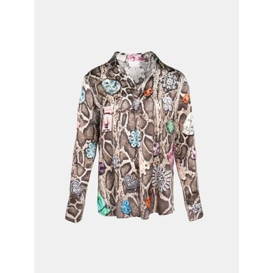 Mucho Gusto Zijden blouse blouse livorno beige met slangenprint en kleurrijke broches