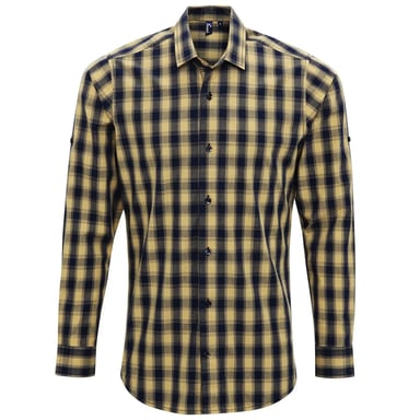 Premier Mens Mulligan Checked Cotton Long-Sleeved Shirt (Camel/Navy)