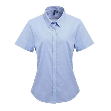 Premier Womens/Ladies Micro Gingham Check Cotton Short-Sleeved Shirt (Light Blue/White)