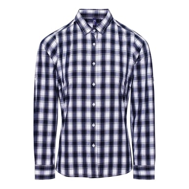 Premier Womens/Ladies Mulligan Checked Cotton Long-Sleeved Shirt (White/Navy)