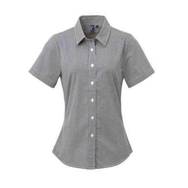 Premier Womens/Ladies Micro Gingham Check Cotton Short-Sleeved Shirt (Black/White)