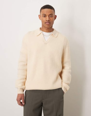ASOS DESIGN oversized brushed knitted notch polo in oatmeal