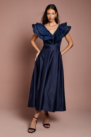 Volume Frill Shoulder Midi Dress