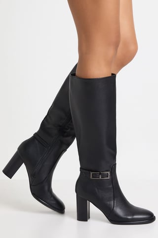 Buckle Detail Low Block Knee High Boots