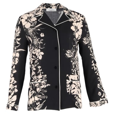 Valentino Cuban-Collar Shirt in Floral-Print Silk