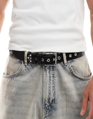 ASOS DESIGN studded belt with crystals in black faux leather