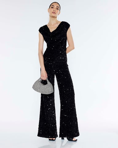 River Island Womens Jumpsuit Black Sequin Cowl Neck