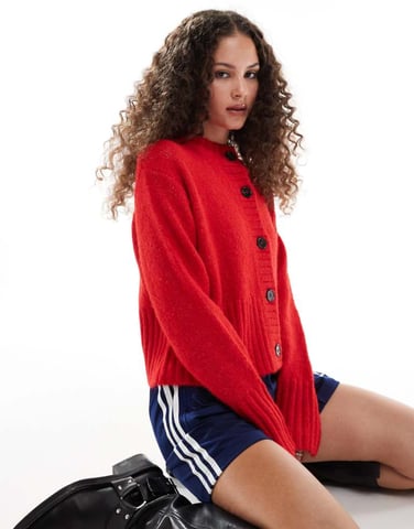 COLLUSION fluffy textured crew neck cardigan in red